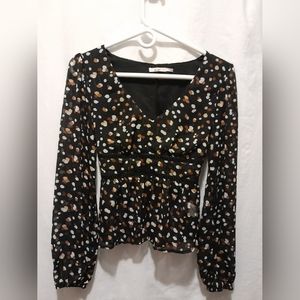 Francesca's MI Ami Blouse Black, Brown, and White Polka Dots Women's Sm